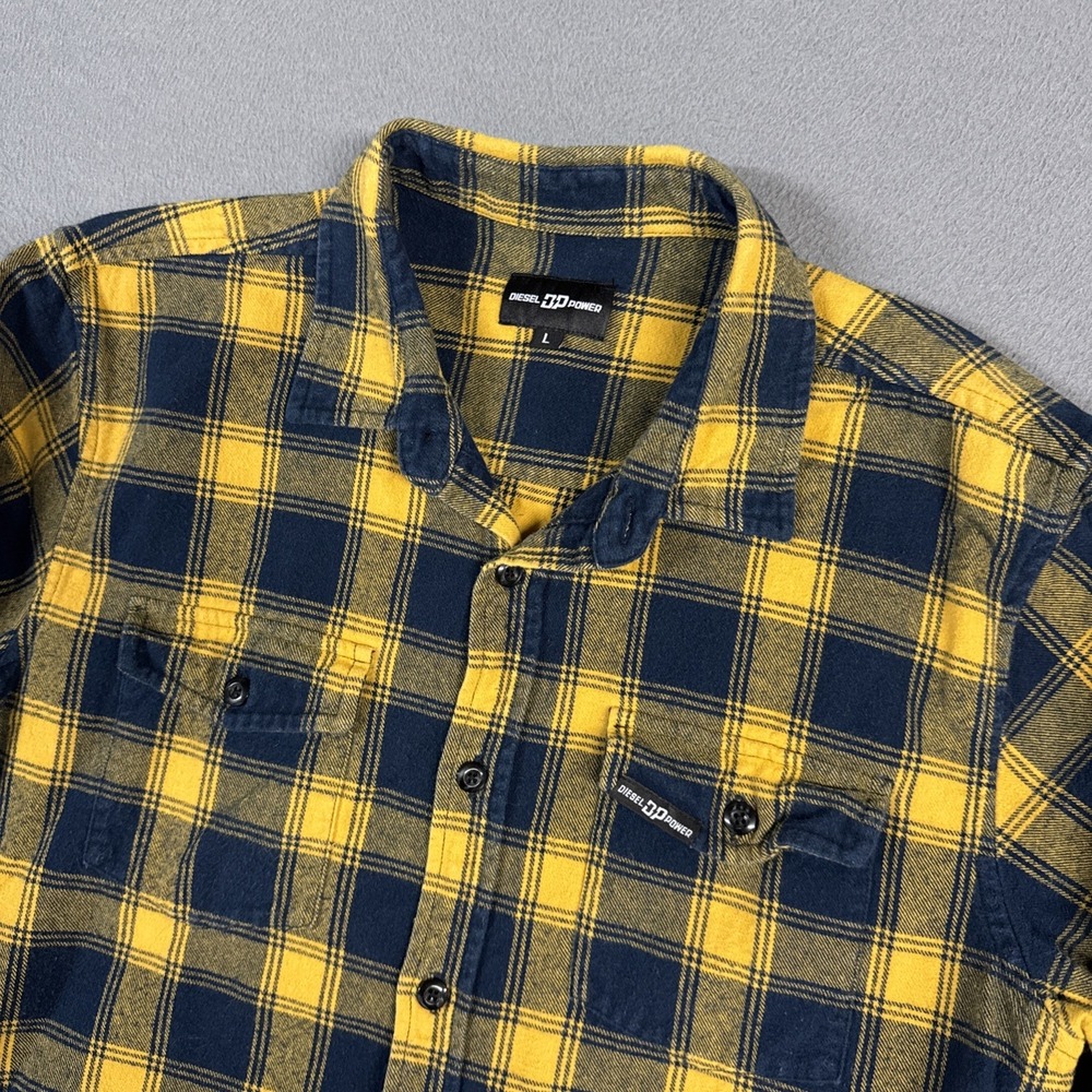 Diesel Power Shirt Mens Large Yellow Black Plaid Flannel Long Sleeve Button Down